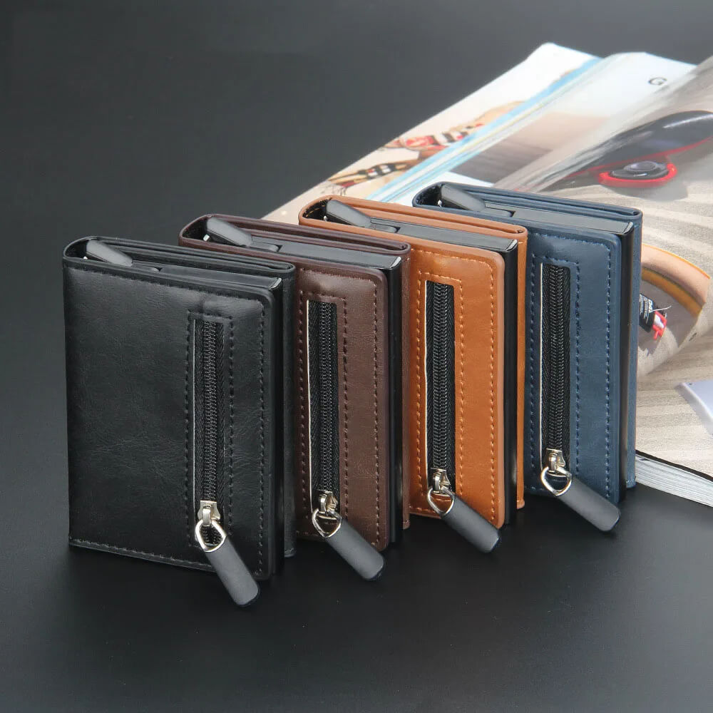 Portafoglio Uomo Porta Carte di Credito Monete Slim Piccolo Sottile Zip RFID
