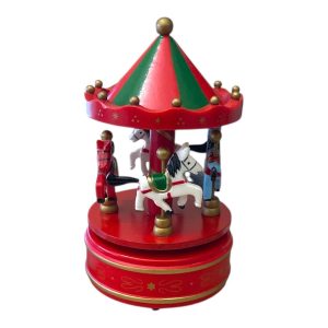 Giostra rossa carillon di natale cavalli per bambini carosello movimento carica